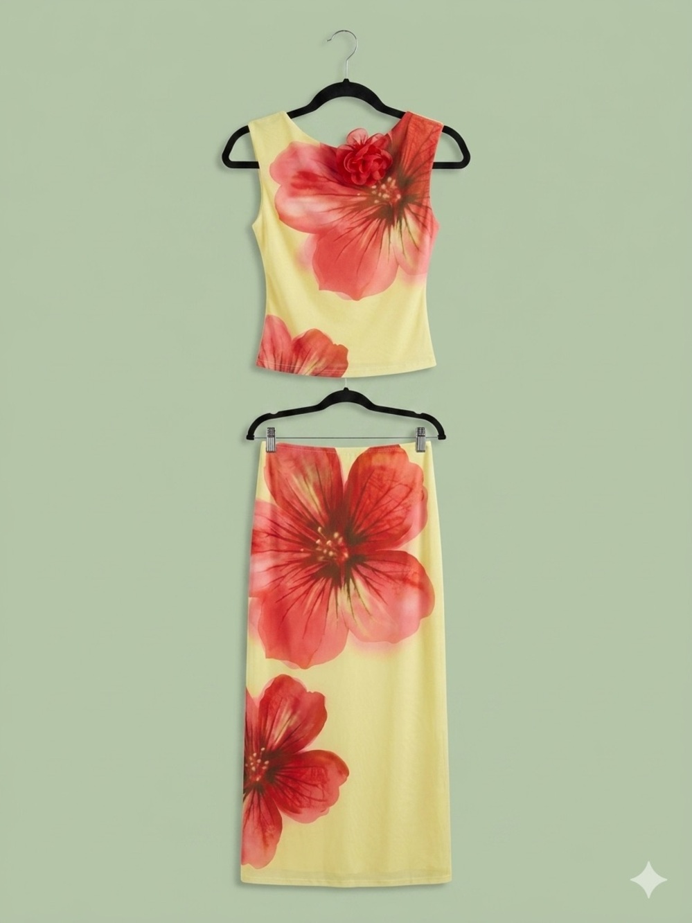 Yellow Floral Two-Piece Skirt Set with Red Bloom
